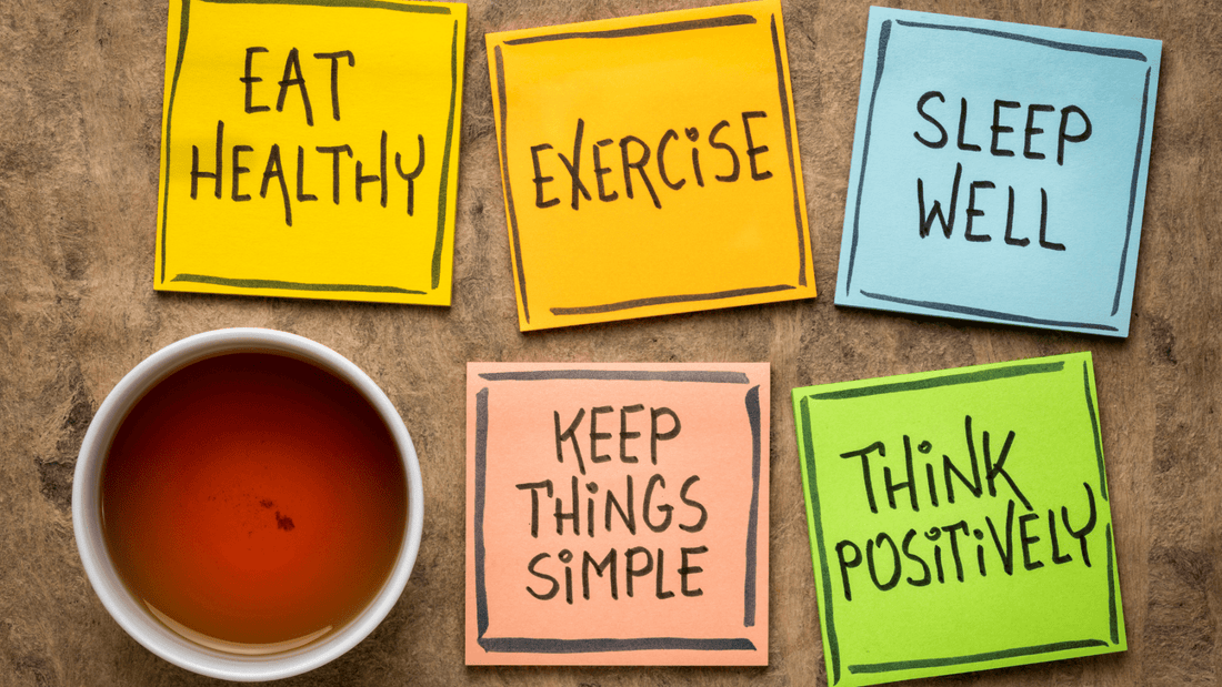 Healthy food, water and workout gear next to grooming products