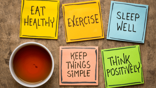 Healthy food, water and workout gear next to grooming products
