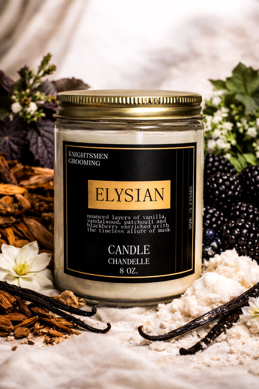 Elysian candle with vanilla beans and flowers in the background