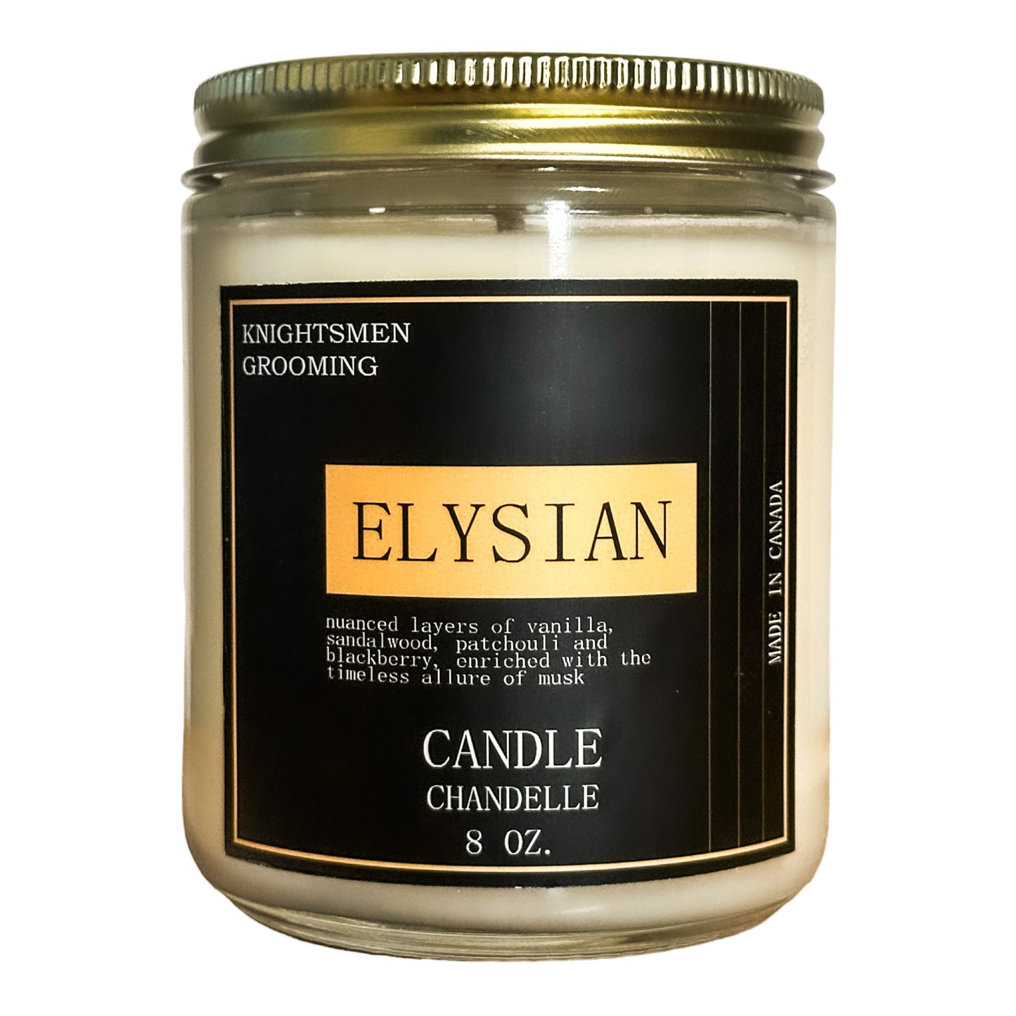 Close view of Elysian candle emphasizing vanilla, sandalwood, blackberry and musk notes — luxury soy candle.