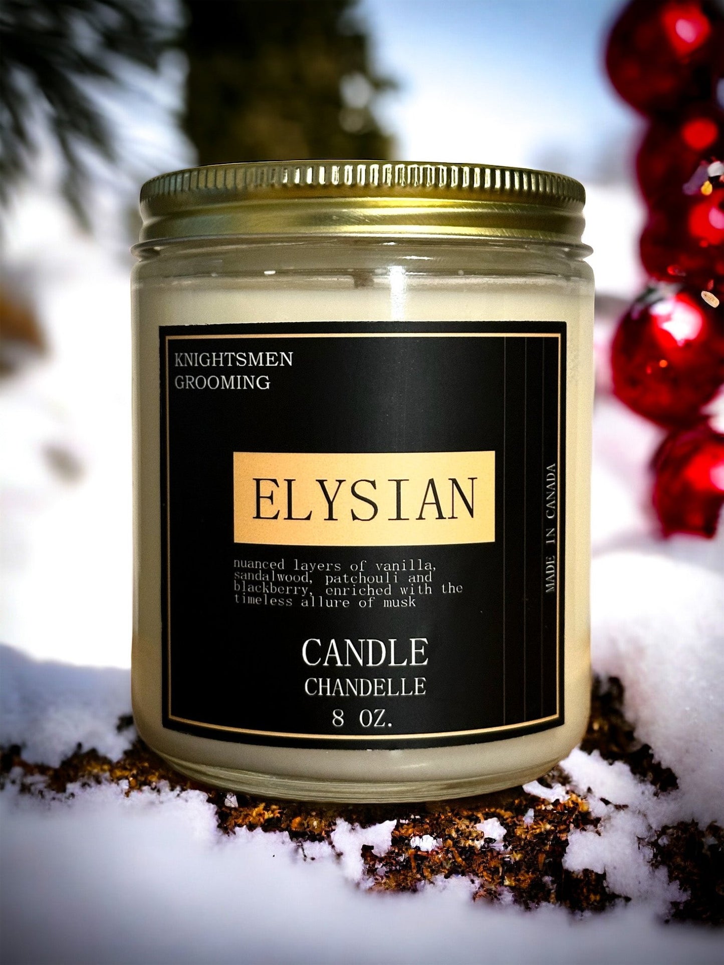 Candle jar labeled 'Elysian' by Knightsmen Grooming on a snowy background with red berries.