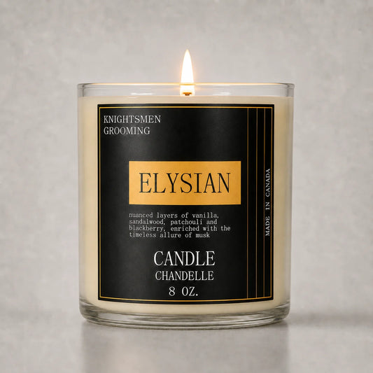 Elysian by Knightsmen Grooming – Premium Amber Sandalwood Scented Soy Candle, 70-Hour Burn Time, Non-Toxic Clean Burning