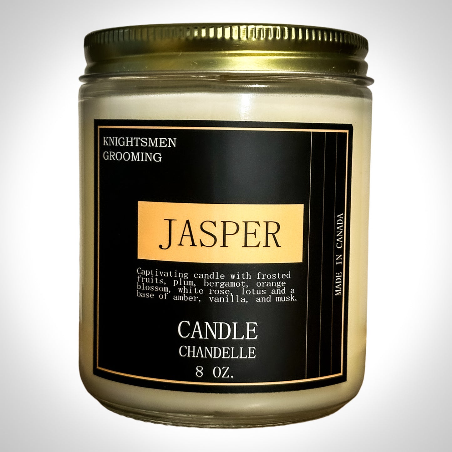 Jasper candle fragrance notes — frosted fruit, bergamot, orange blossom and musk — luxury scented candle.