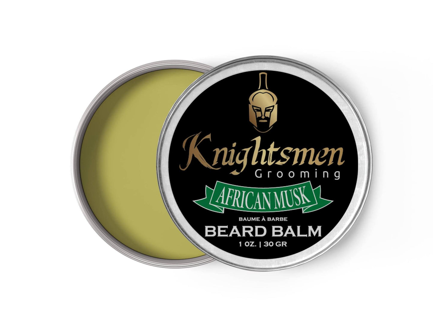 African Musk beard balm open tin—non-greasy texture for soft, smooth beard styling.