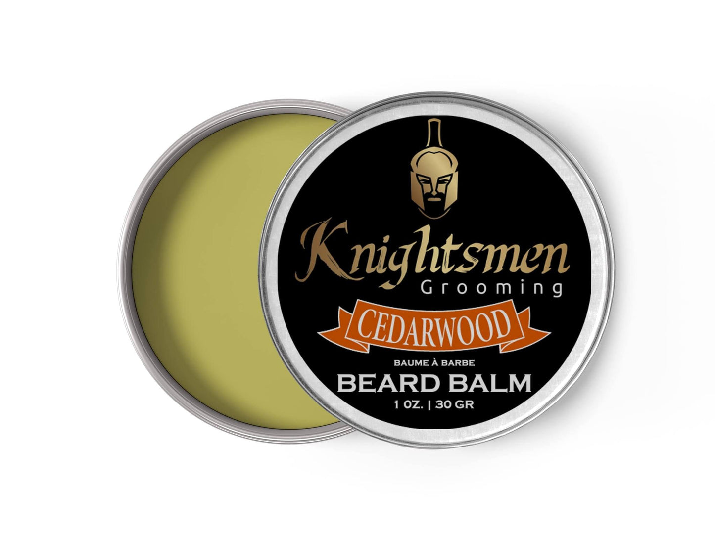 Cedarwood beard balm open tin—smooth, non-greasy finish for daily beard care.