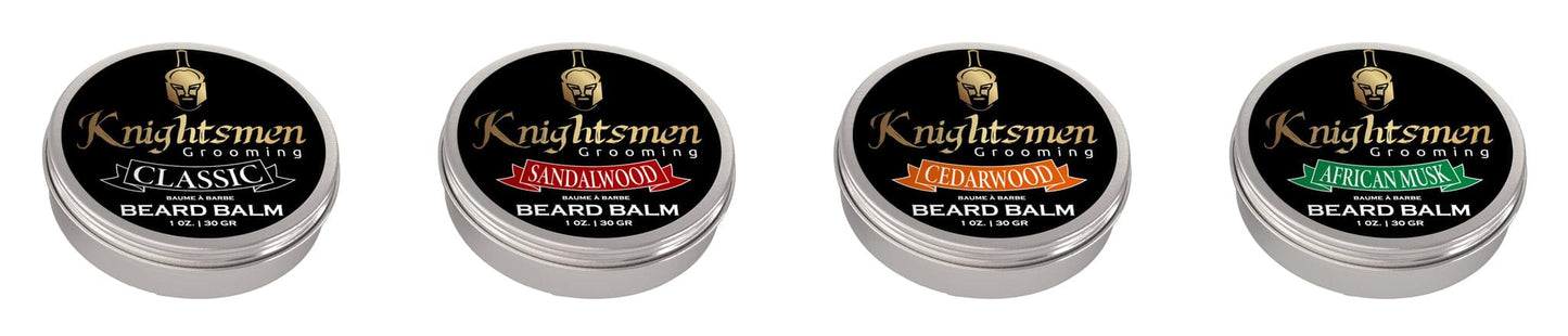 Sandalwood beard balm 1 oz—woodsy aroma, frizz control, non-greasy finish.