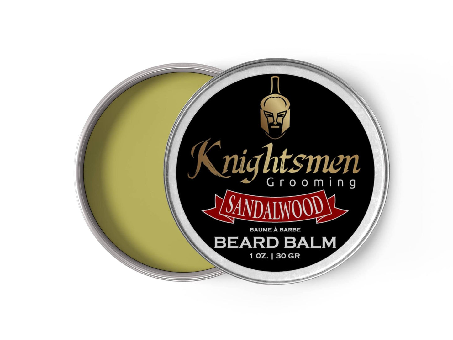 Sandalwood beard balm open tin—smooth styling balm for softer, shinier beard.