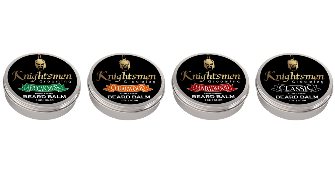 African Musk organic beard balm 1 oz—anti-itch, conditioning, light-medium hold. Knightsmen Grooming Organic Beard Balm Kit, Beard Balm Set, Beard Balm Bundle