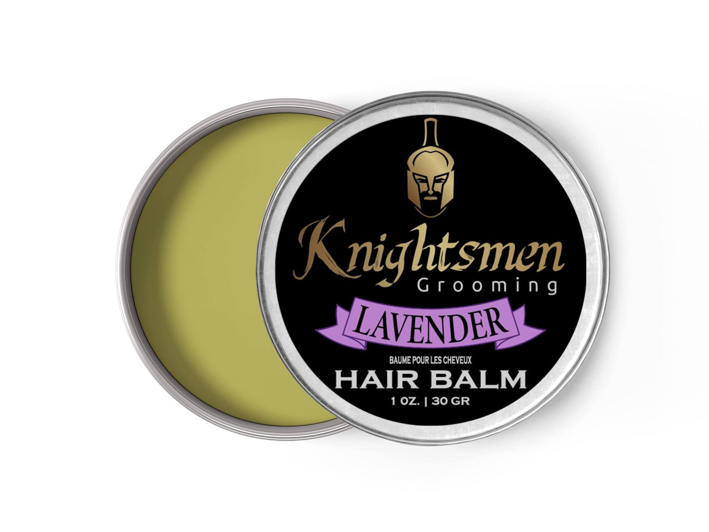 Lavender hair balm open tin—silky texture for smooth, frizz-free finish.