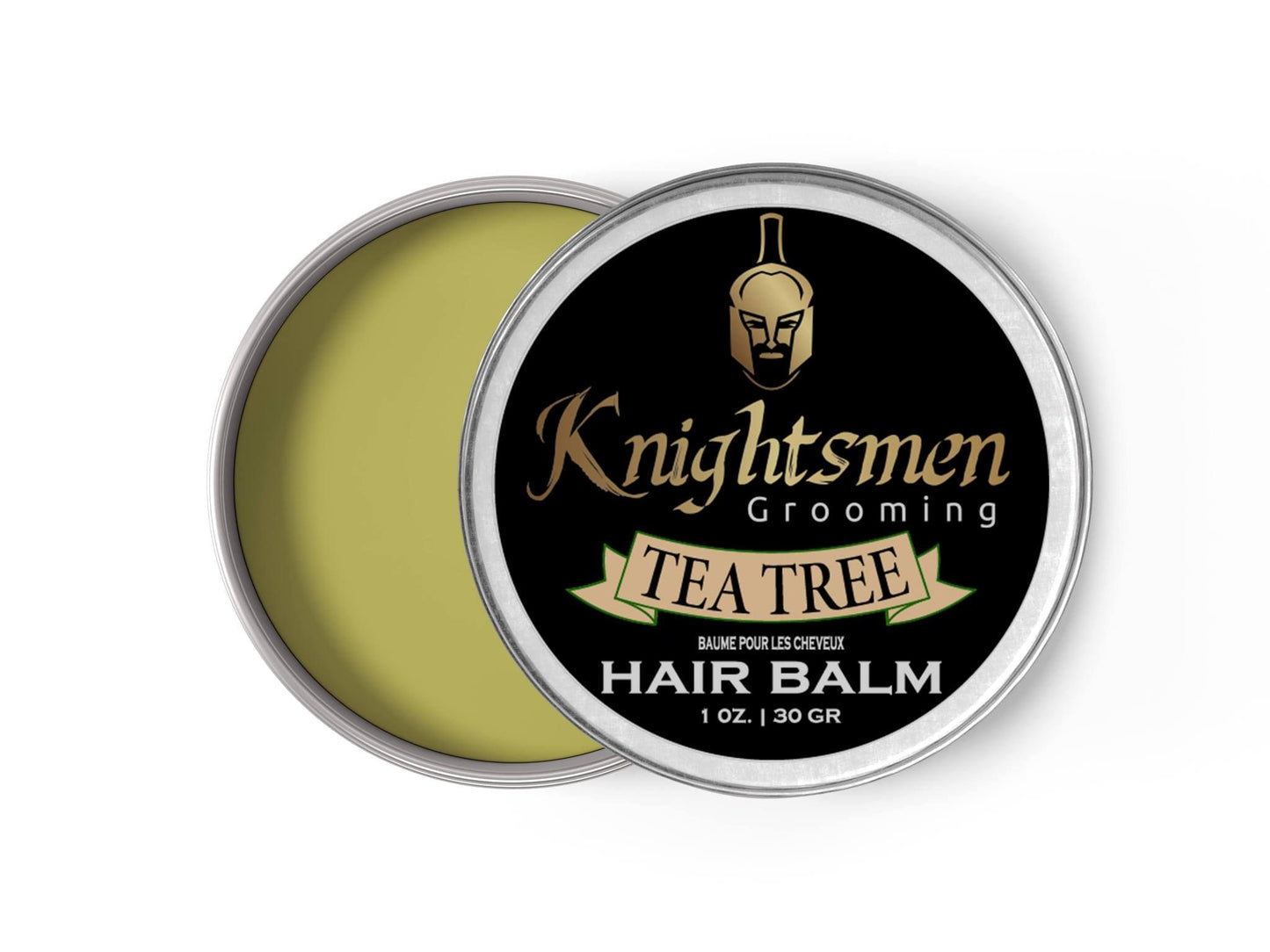 Tea Tree hair balm open tin—light, non-sticky texture for everyday styling.