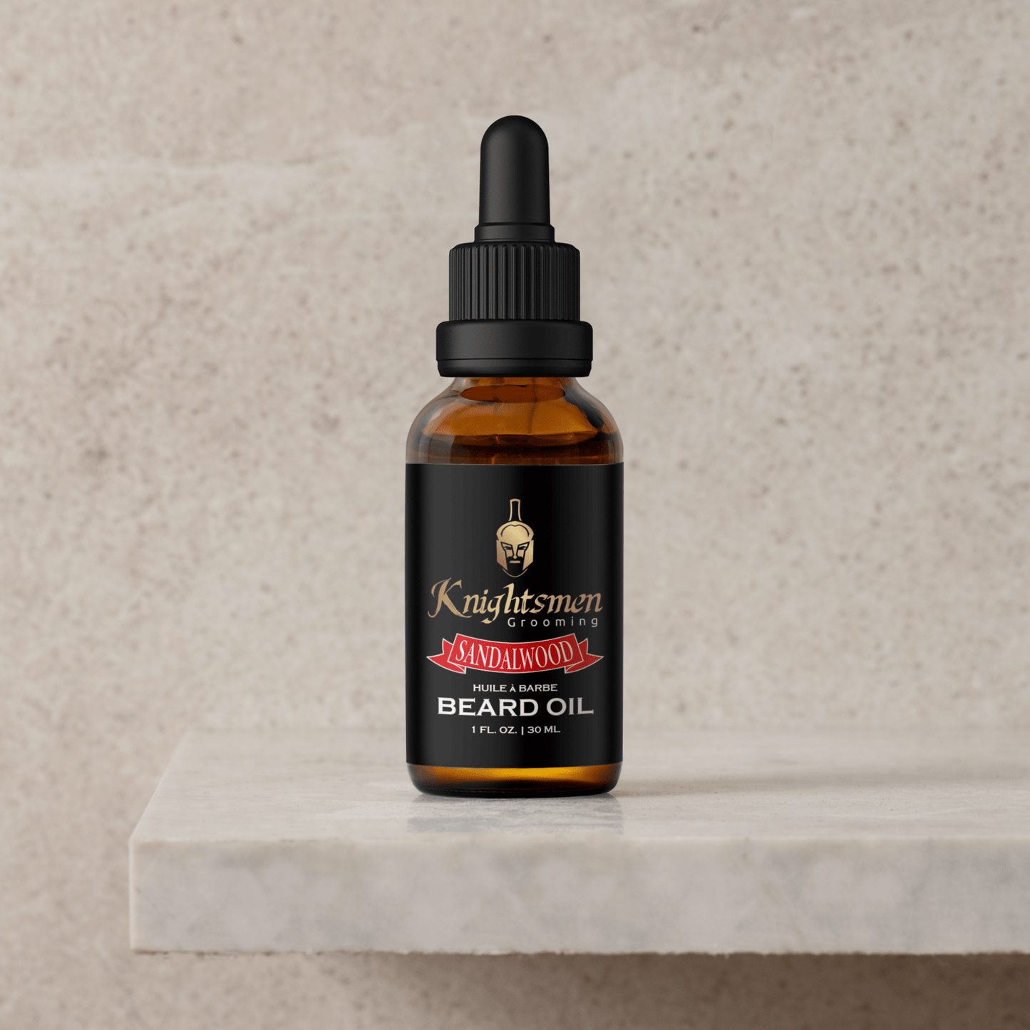 Sandalwood organic beard oil bottle on stone pedestal. Sandalwood beard oil for growth, beard oil for patchy beards