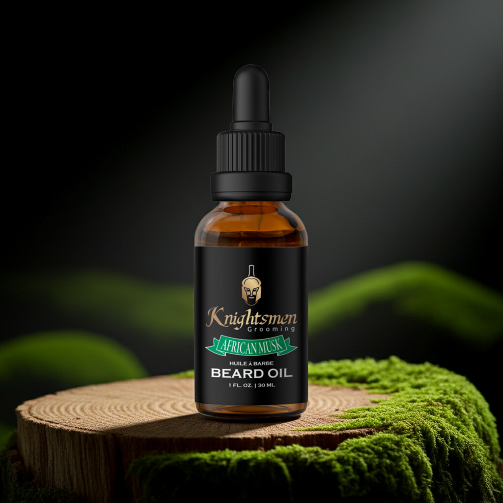 Bottle of Knightsmen Grooming African Muse Beard Oil on a wooden stump with greenery in the background