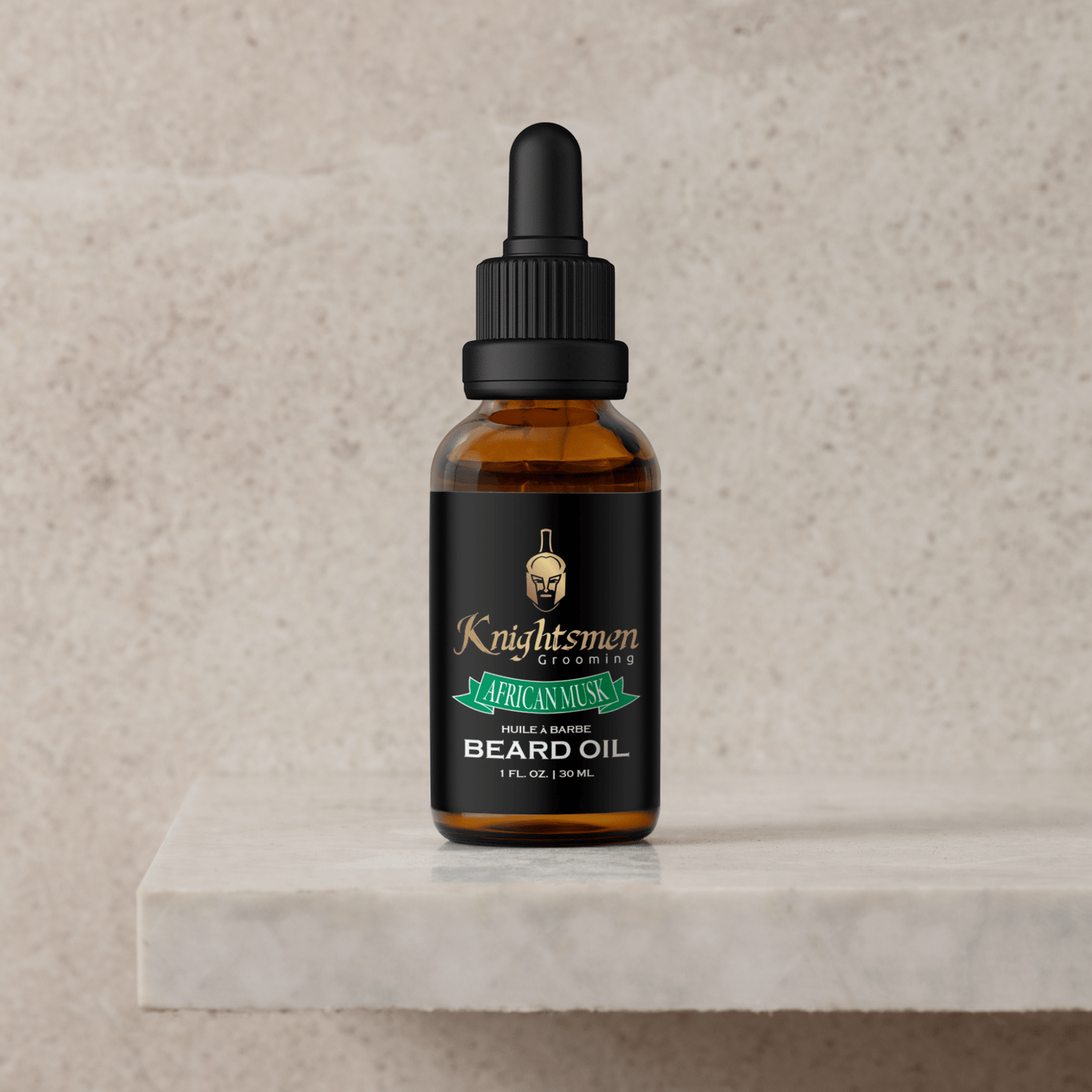 African Musk organic beard oil bottle on stone pedestal. Luxury beard oil