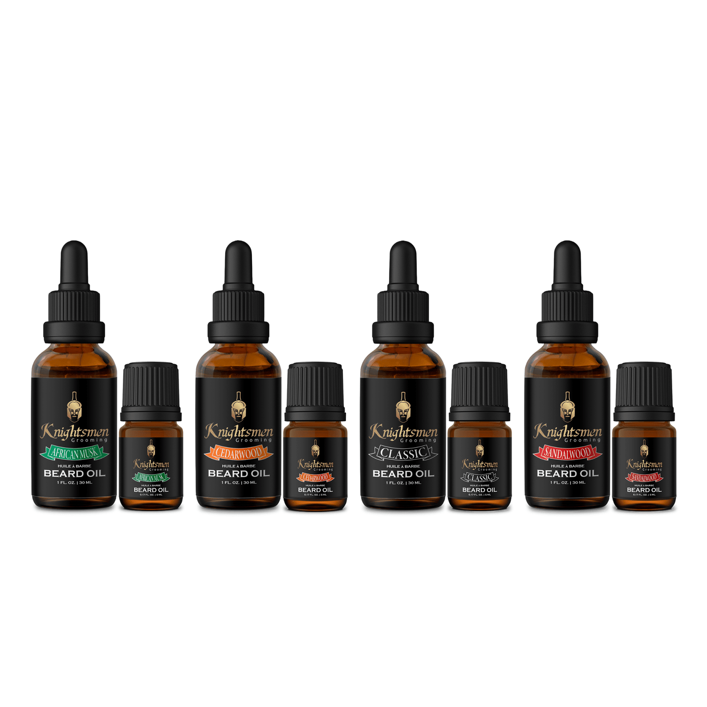 Lineup of 30 ml and 5 ml dropper bottles—African Musk, Cedarwood, Classic, Sandalwood beard oils on white. Knightsmen Grooming organic beard oil lineup—Classic, Cedarwood, Sandalwood, African Musk scented beard oils. Organic beard oil for beard growth.