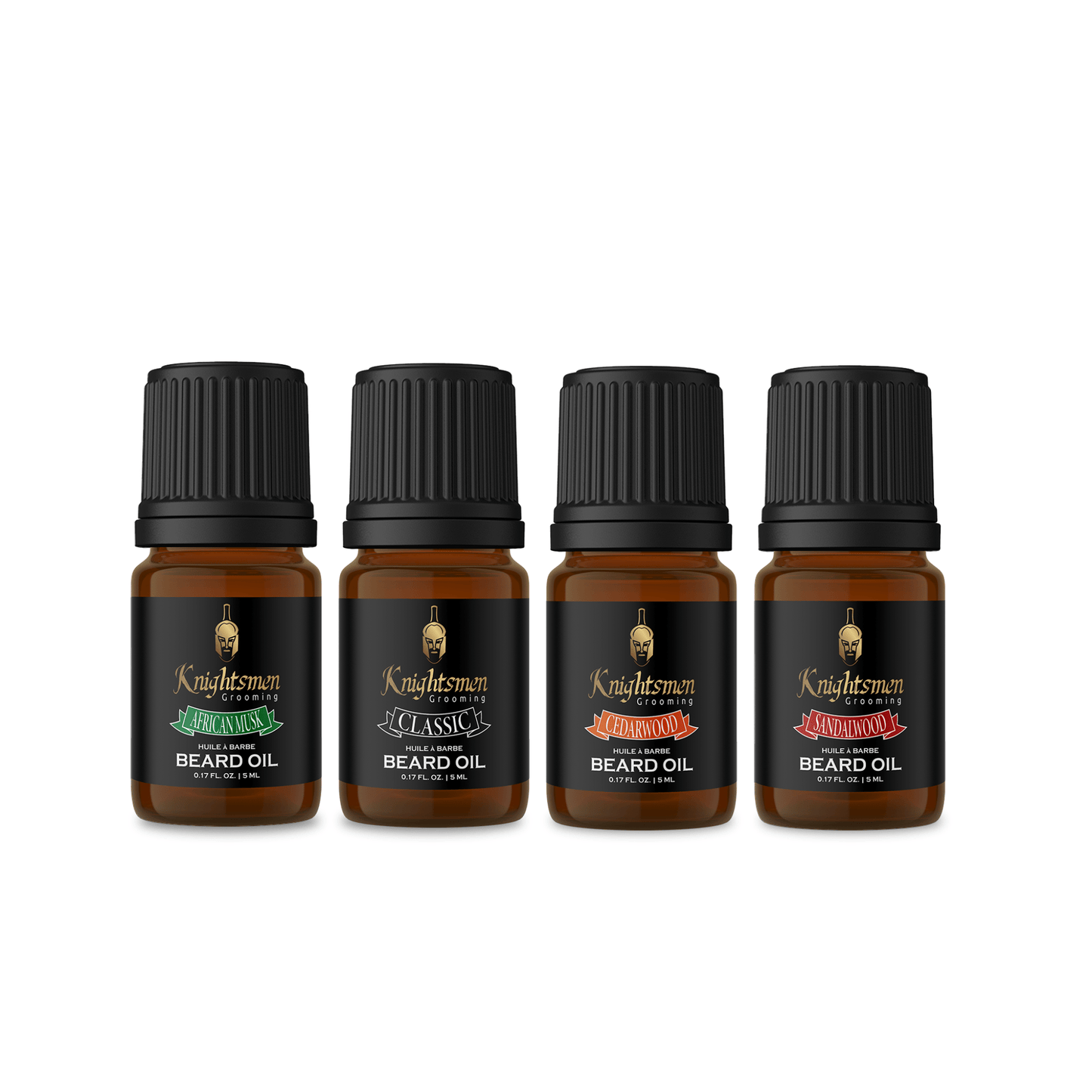 Knightsmen beard oil bundle—African Musk, Classic, Cedarwood, Sandalwood 5 ml bottles with caps on white.