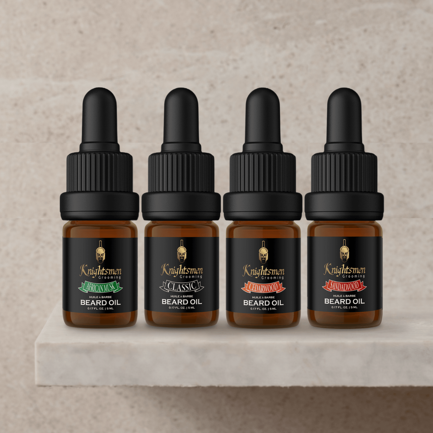 Beard oil bundle 5 ml dropper bottles on shelf—conditioning, adds shine; premium grooming gift set.