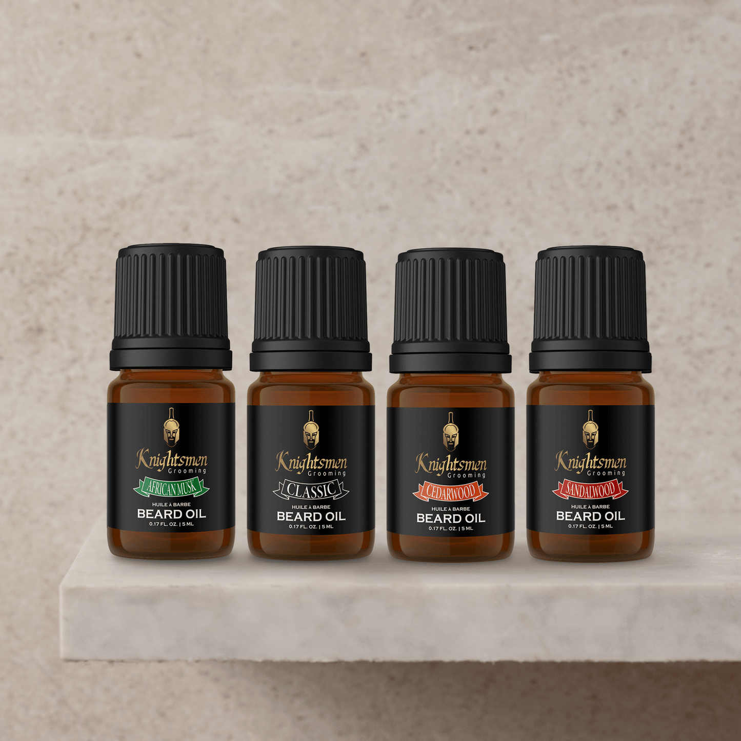 Beard oil bundle 5 ml dropper bottles on shelf—conditioning, adds shine; premium grooming gift set.