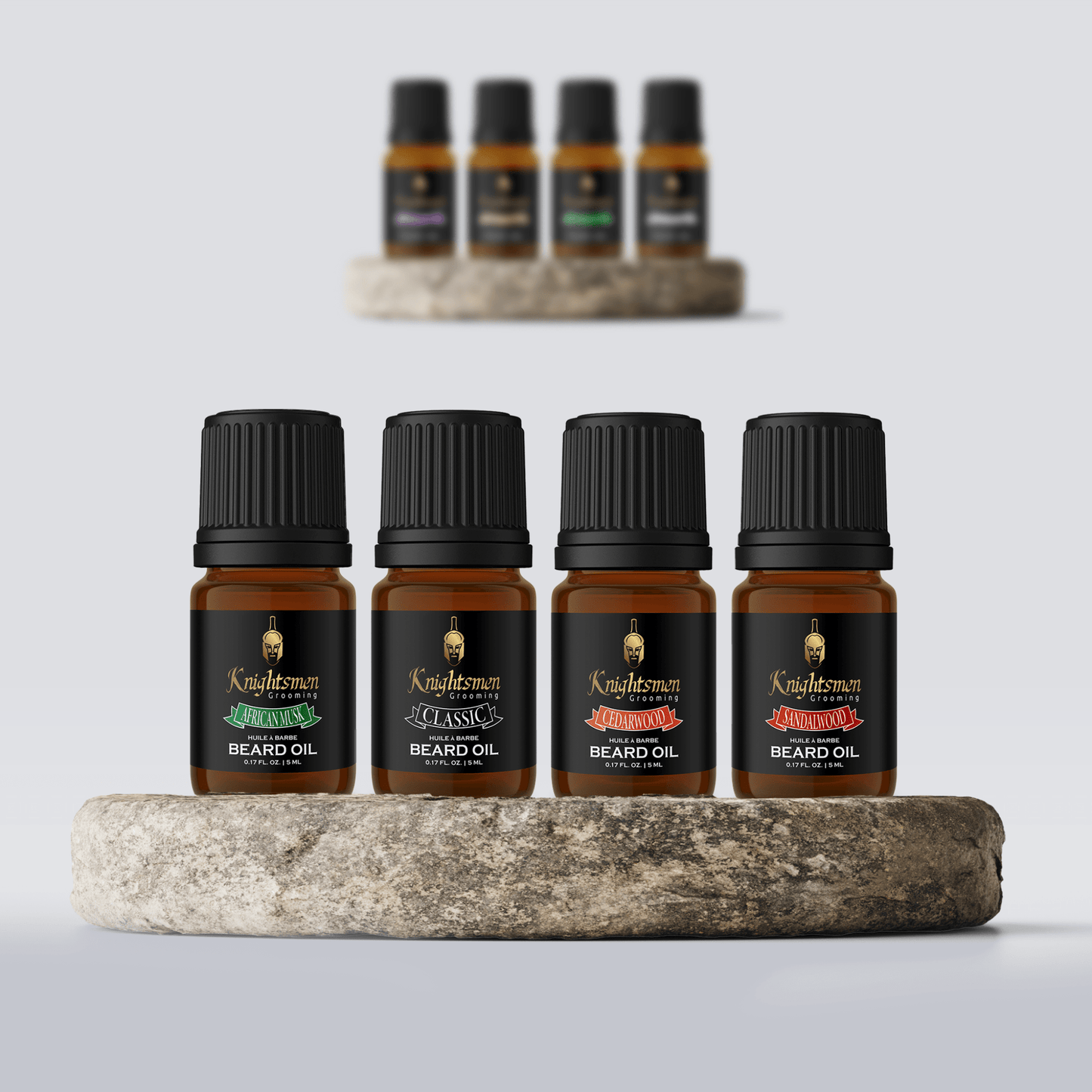 Four 5 ml dropper bottles on stone pedestal—organic beard oil starter kit for softness and itch relief.