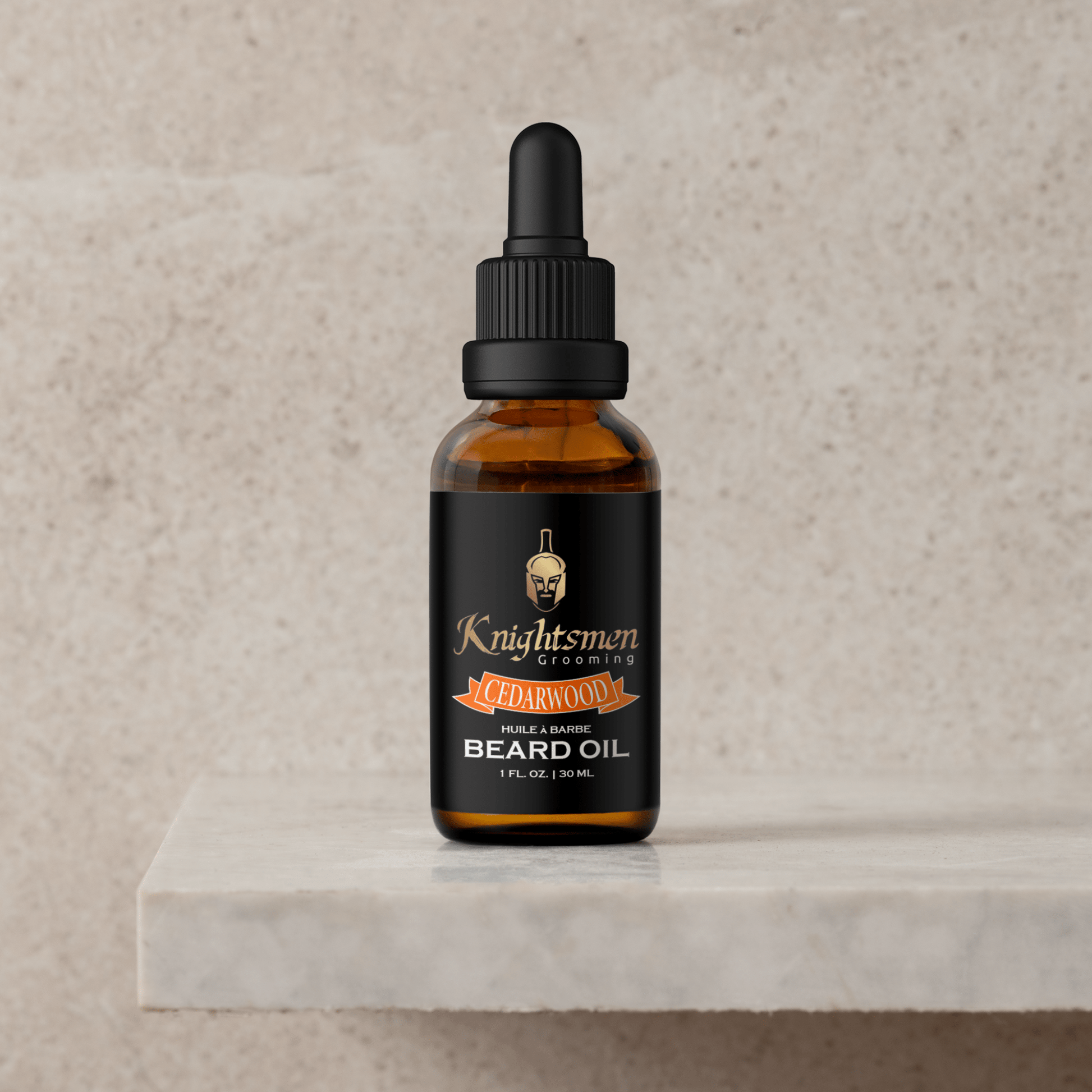 Cedarwood beard oil on stone—premium Canadian grooming. Best beard oil for beard growth, best beard oil for patchy beards