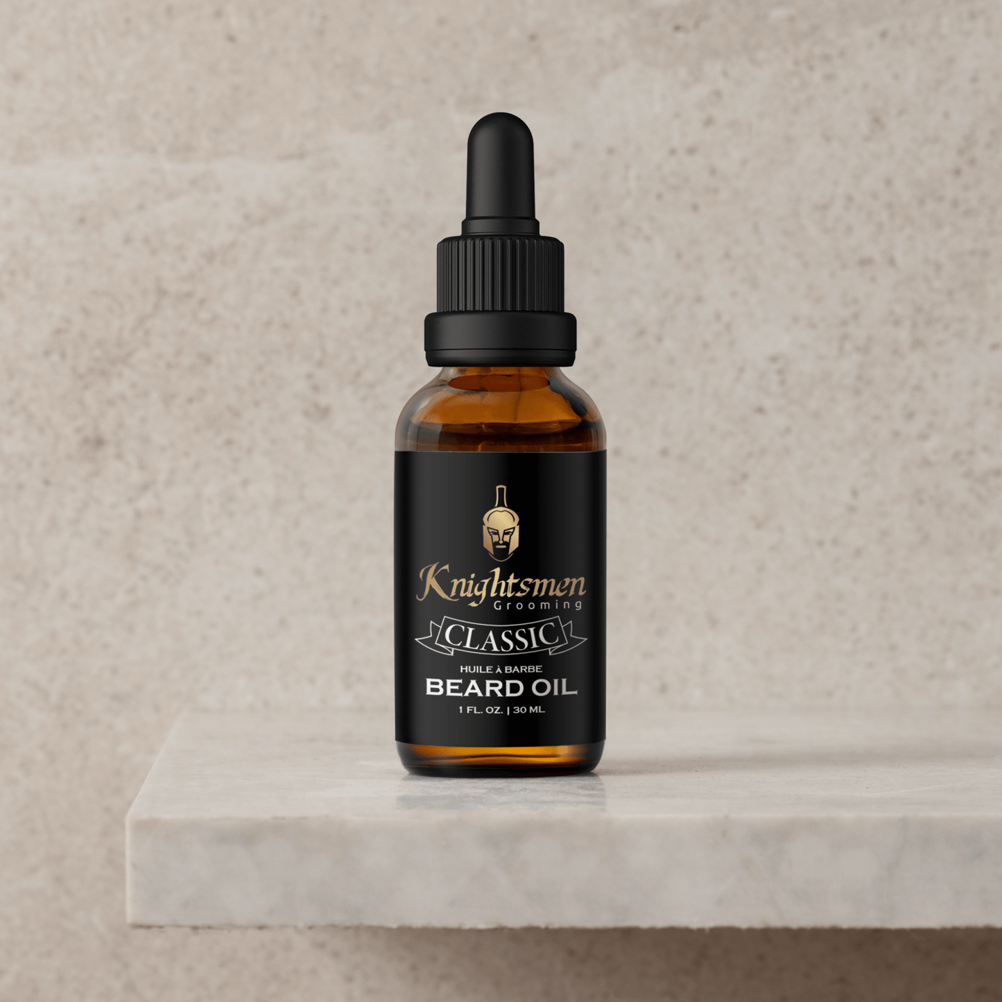 Classic organic beard oil bottle on stone pedestal.