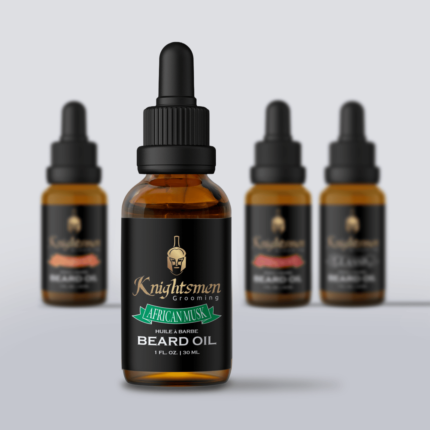 Knightsmen Grooming organic beard oil lineup—Classic, Cedarwood, Sandalwood, African Musk scented beard oils. Organic beard oil for beard growth.