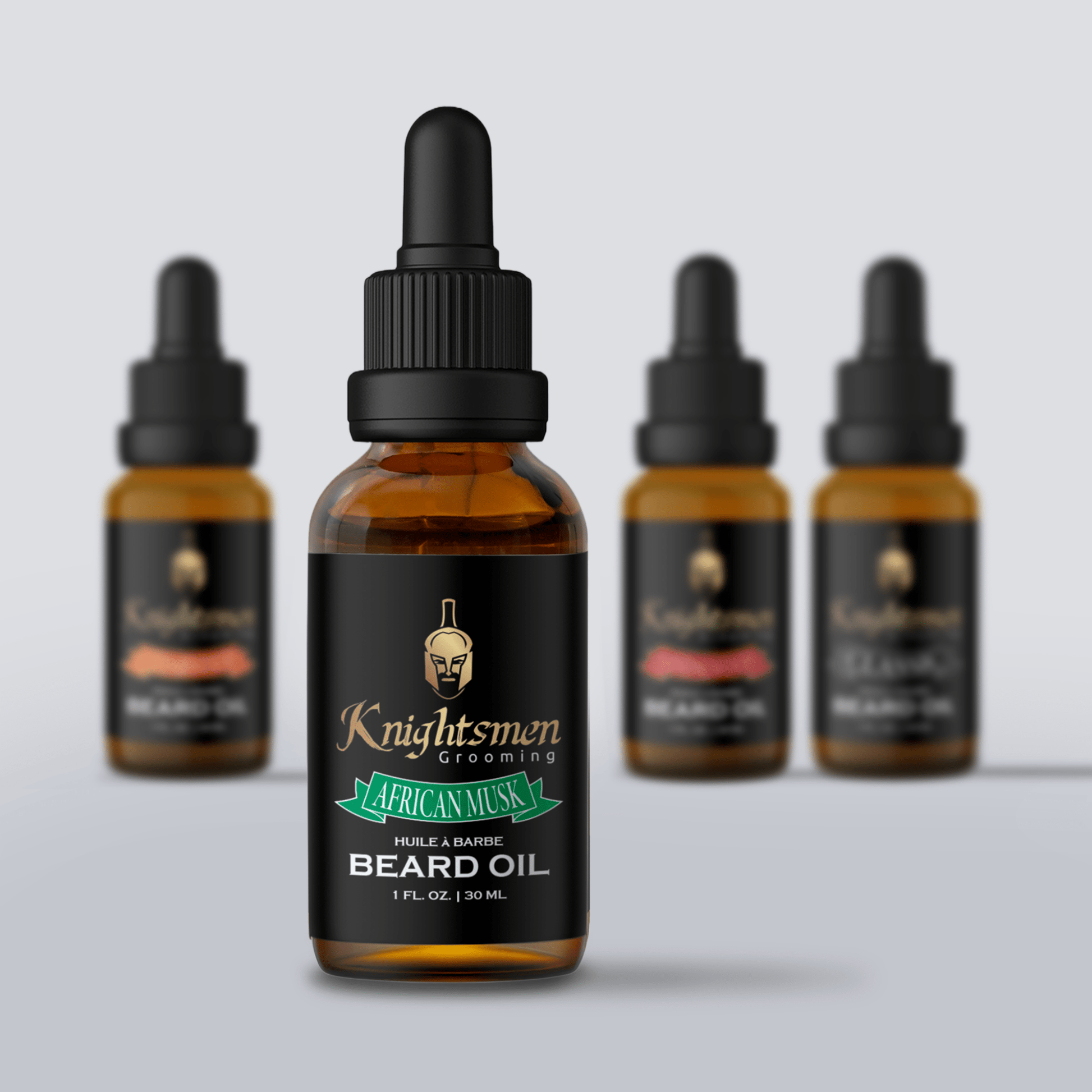 Knightsmen Grooming organic beard oil lineup—Classic, Cedarwood, Sandalwood, African Musk scented beard oils. Organic beard oil for beard growth.