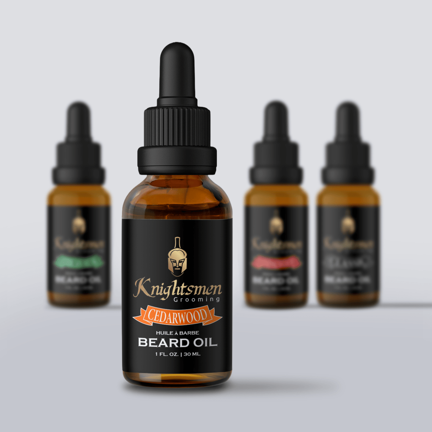 Knightsmen organic beard oil lineup—Classic, Cedarwood, Sandalwood, African Musk, rosemary oil