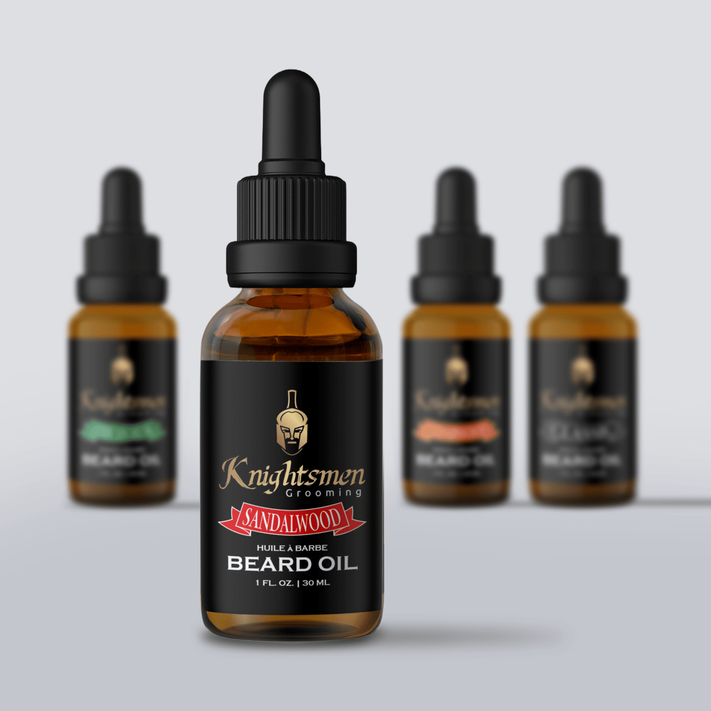 Knightsmen Grooming organic beard oil lineup—Classic, Cedarwood, Sandalwood, African Musk scented beard oils. Organic beard oil for beard growth.