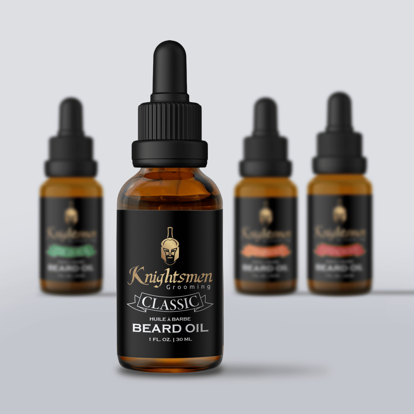 Knightsmen Grooming organic beard oil lineup—Classic, Cedarwood, Sandalwood, African Musk scented beard oils. Organic beard oil for beard growth.