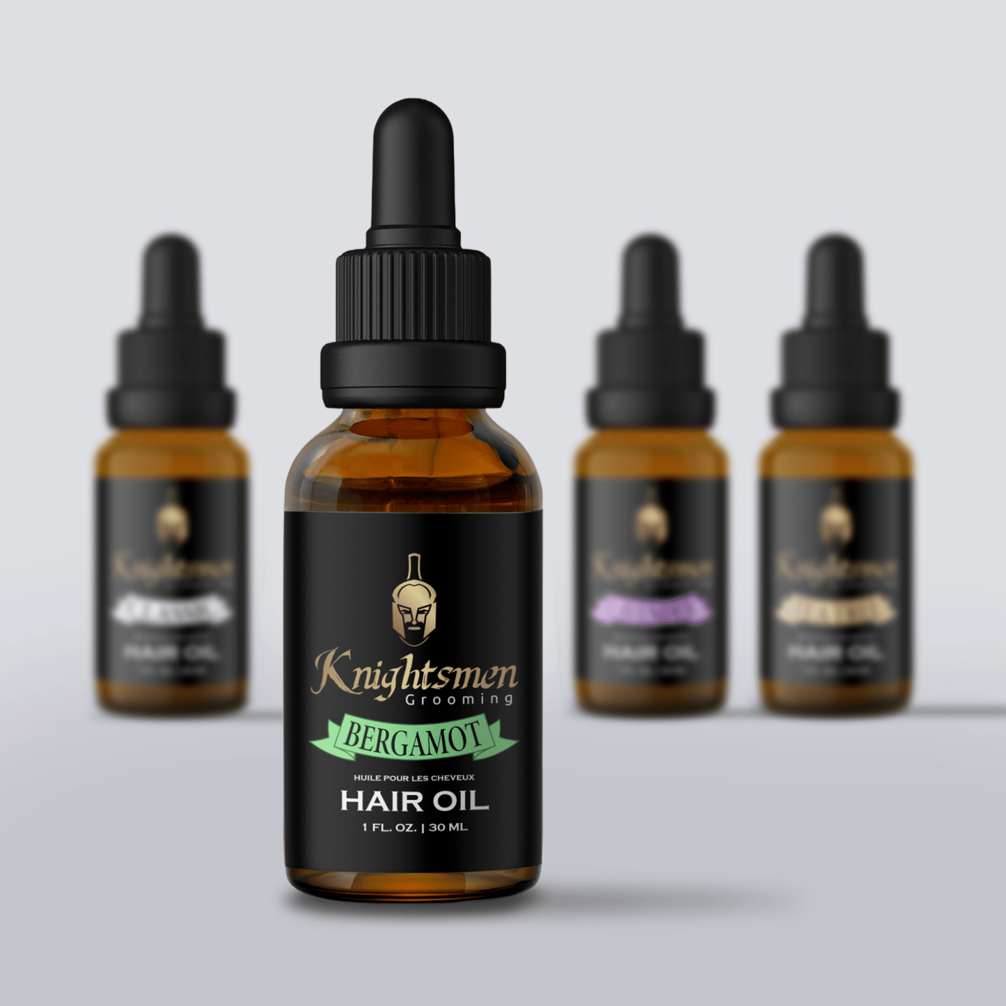 Knightsmen organic hair oil lineup—Classic hair oil , Lavender hair oil , Tea Tree hair oil , Bergamot hair oil .