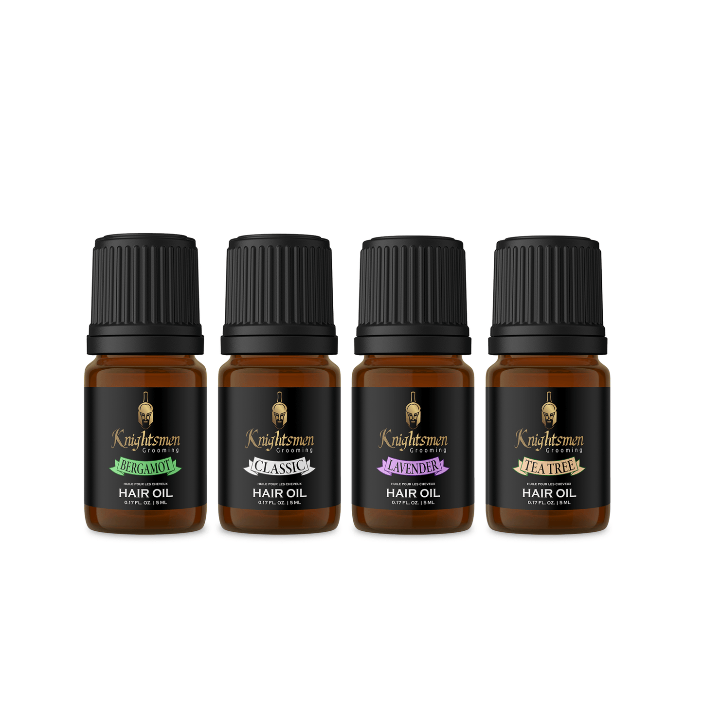 Knightsmen Classic organic hair oil bundle, for hair growth kit, 5 ml dropper bottles on white background.