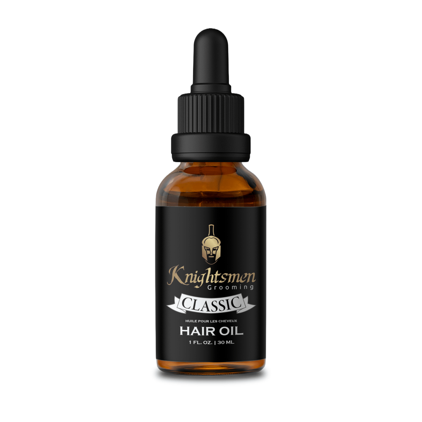 Knightsmen Classic organic hair oil, unscented, 30 ml dropper bottle on white.