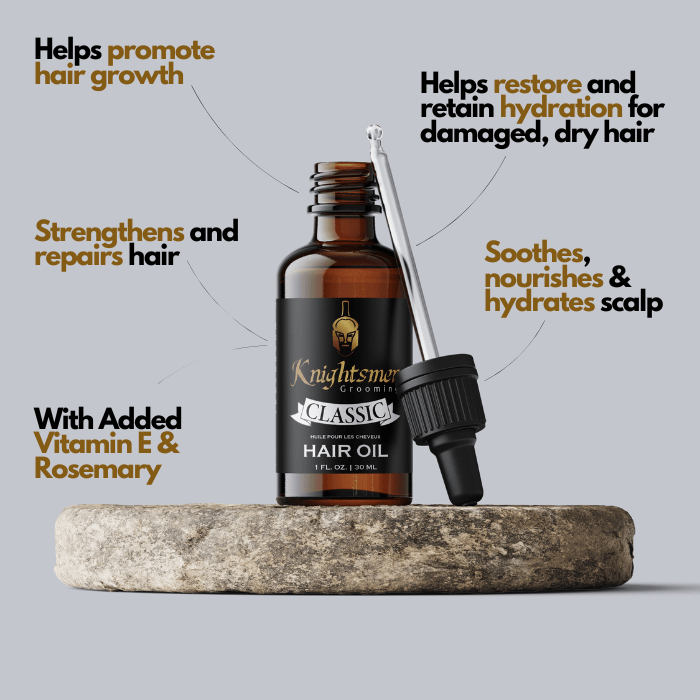 Organic hair oil with dropper on stone—promotes hair growth, adds shine, hydrates scalp and strengthens hair.
