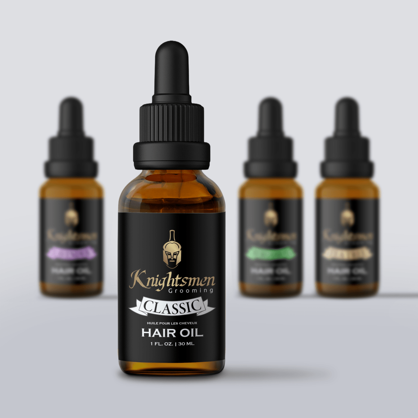Knightsmen organic hair oil lineup—Classic hair oil , Lavender hair oil , Tea Tree hair oil , Bergamot hair oil .