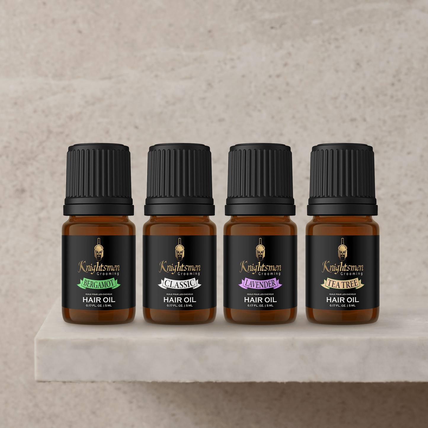 Knightsmen Classic organic hair oil, unscented, 5 ml cap bottle on color.