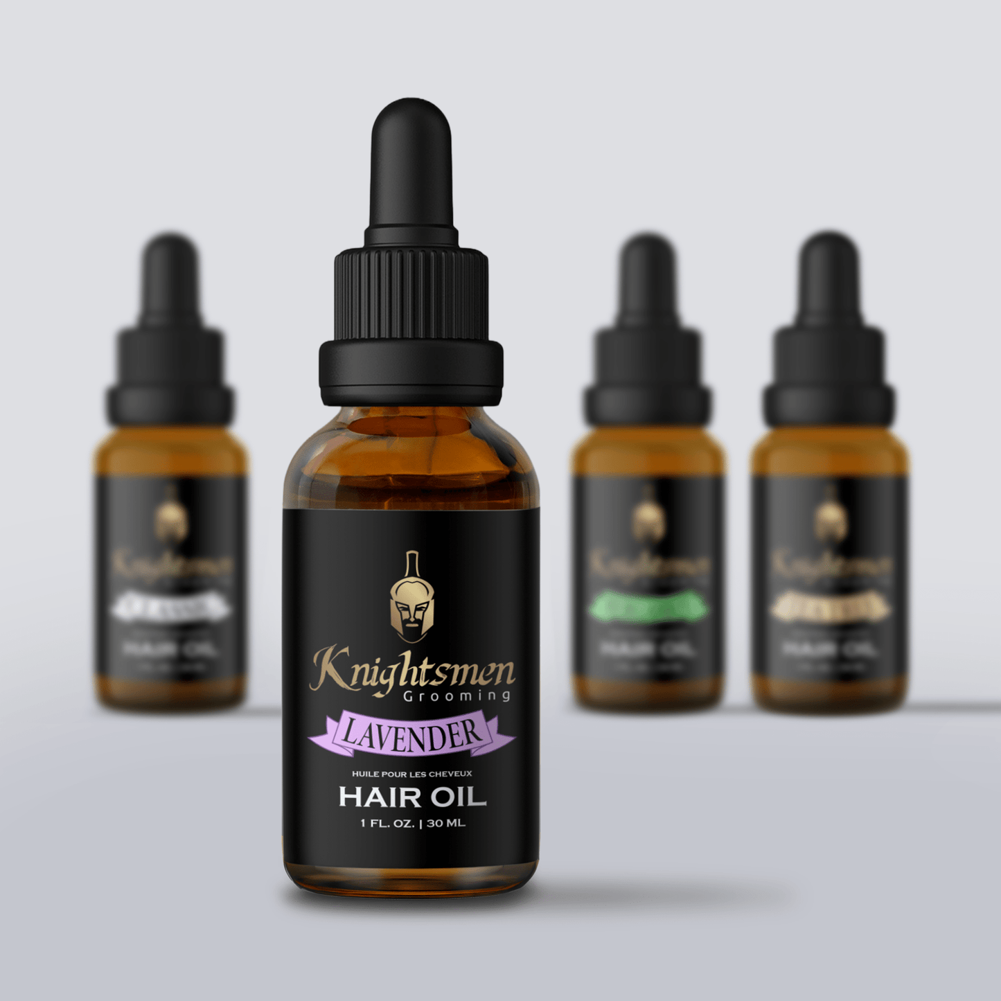Knightsmen organic hair oil lineup—Classic hair oil , Lavender hair oil , Tea Tree hair oil , Bergamot hair oil .