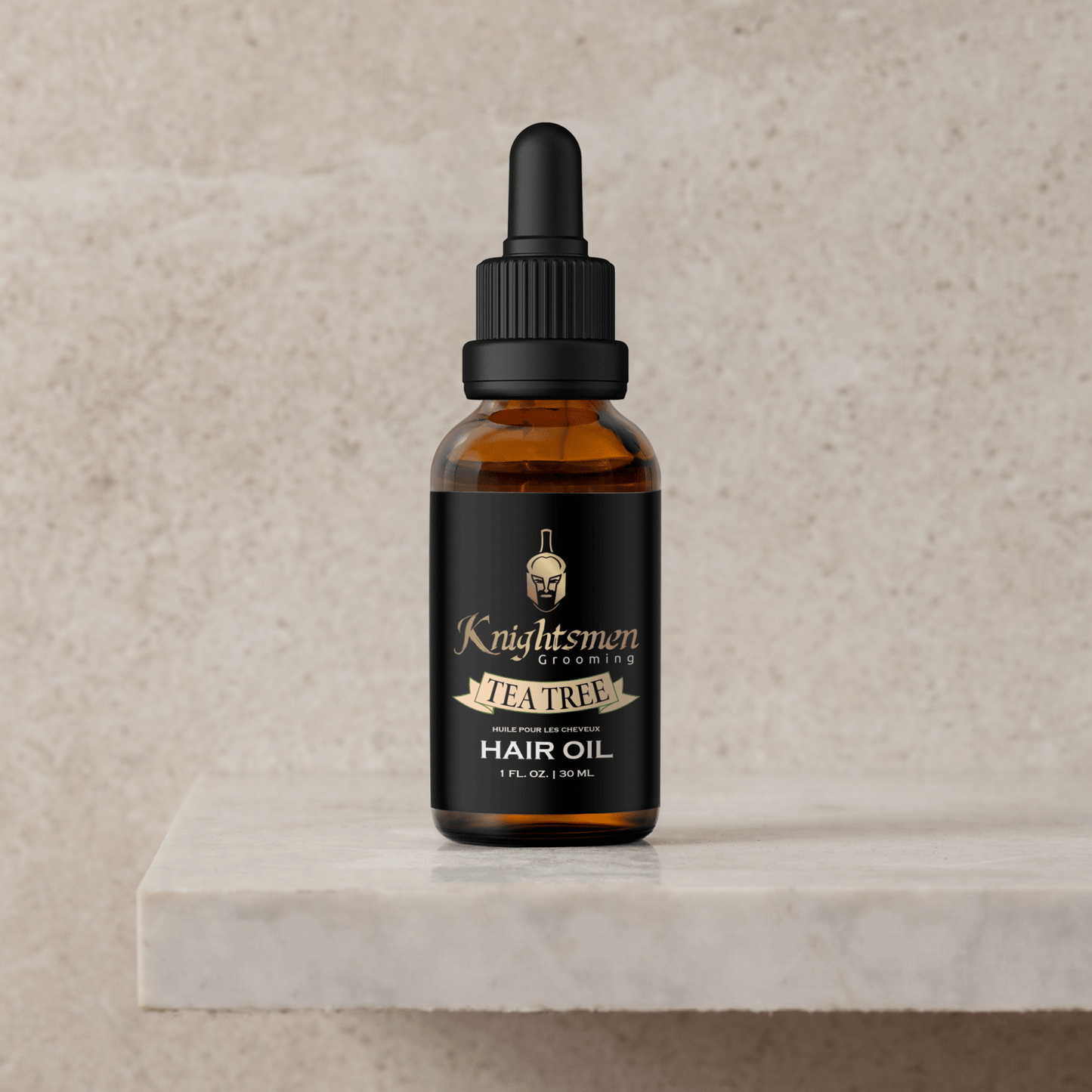 Tea Tree hair oil on stone pedestal—organic hair oil, organic hair growth oil, Hair oil for growth, best hair oil for hair growth, made in Canada.