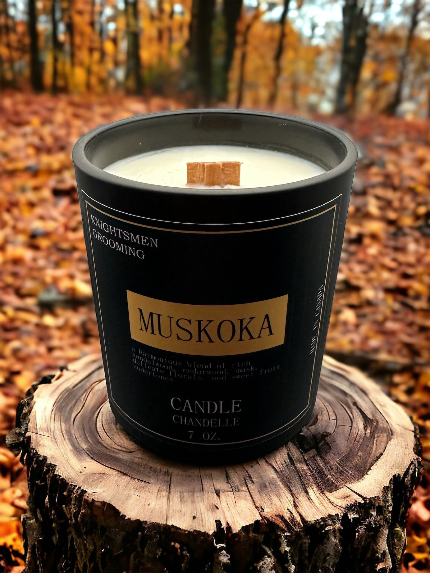 Muskoka candle product display — luxury packaging and branding from Knightsmen Grooming.