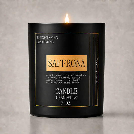 Saffrona by Knightsmen Grooming – Exotic Saffron and Amber Luxury Scented Candle, Crackling Wood Wick, 75-Hour Burn Time