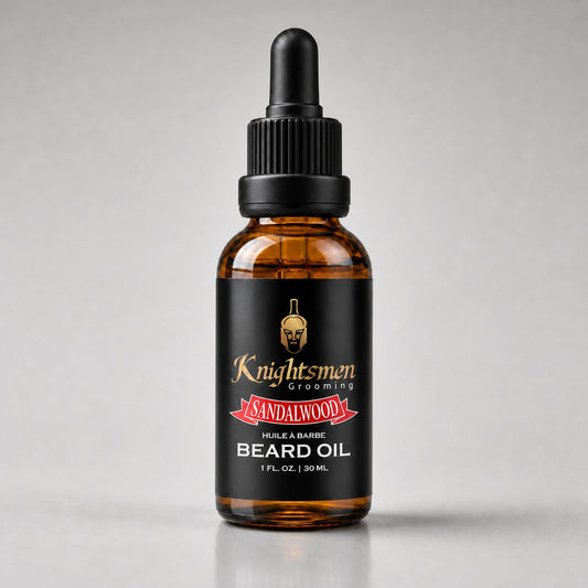 Sandalwood Beard Oil by Knightsmen Grooming — organic argan and jojoba formula for beard growth and itch relief