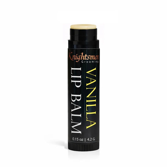 Vanilla lip balm tube close-up showing natural balm formula for men