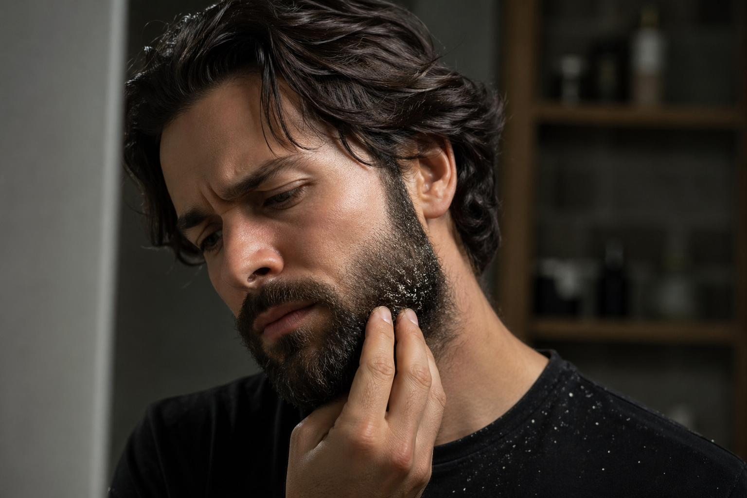 man struggling with beard dandruff