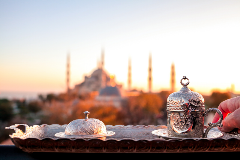 Healthy meal planning with grooming kit—fasting and beauty connection. Turkish coffee. Istanbul. Blue mosque.