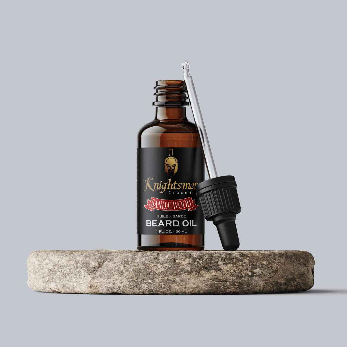 Sandalwood beard oil bottle with sandalwood chips and a subtle beard outline in the background.