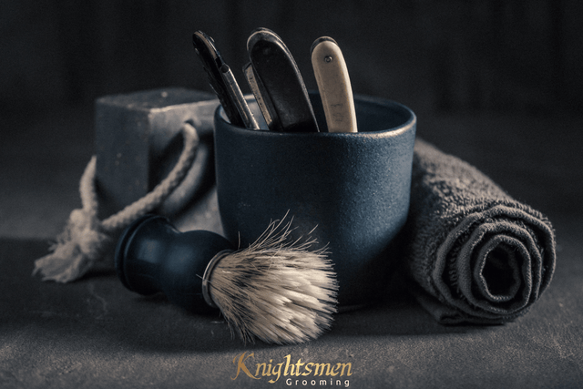 Diagram of a bearded man going through wash, oil, balm, and trim steps.