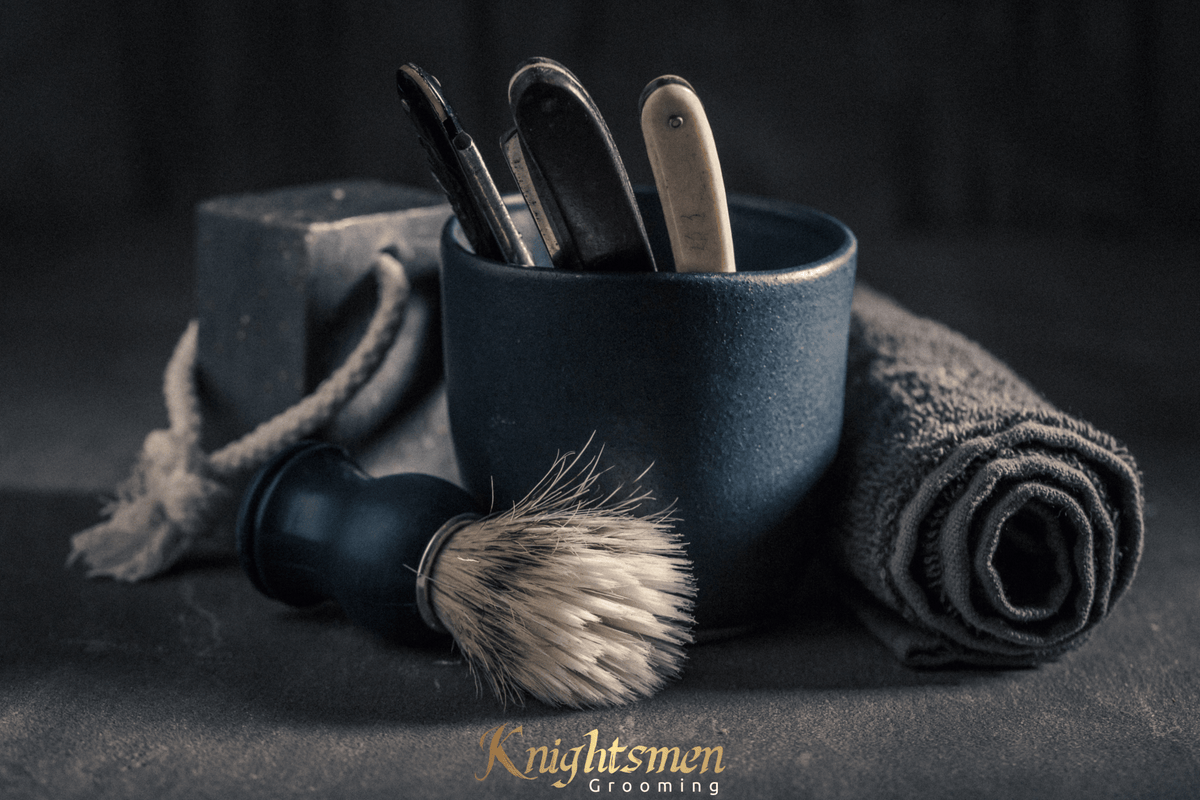 Diagram of a bearded man going through wash, oil, balm, and trim steps.