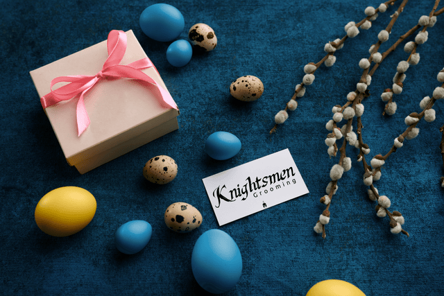 Easter basket filled with grooming products and a few pastel decorations instead of chocolate eggs.