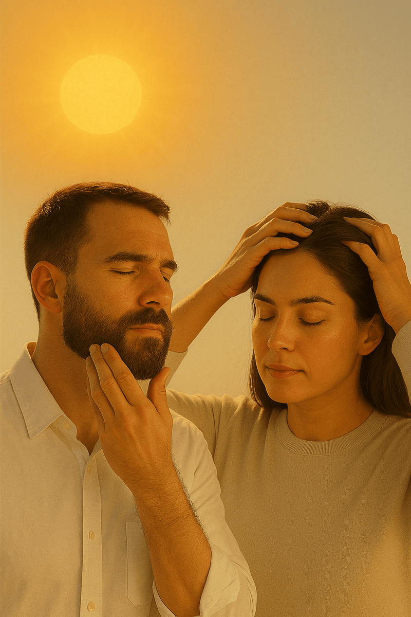 Illustration of a man with a neat beard under bright summer sun, applying oil to his hair and beard.