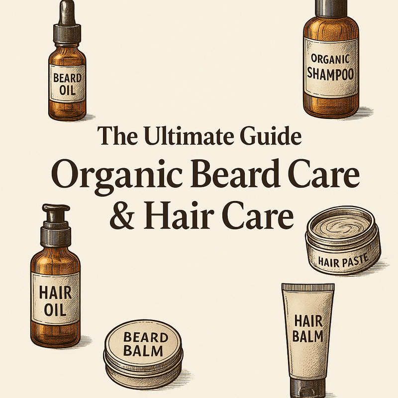 Flat-lay of beard oil, hair oil, comb and grooming tools on a wooden surface, highlighting organic beard and hair care.