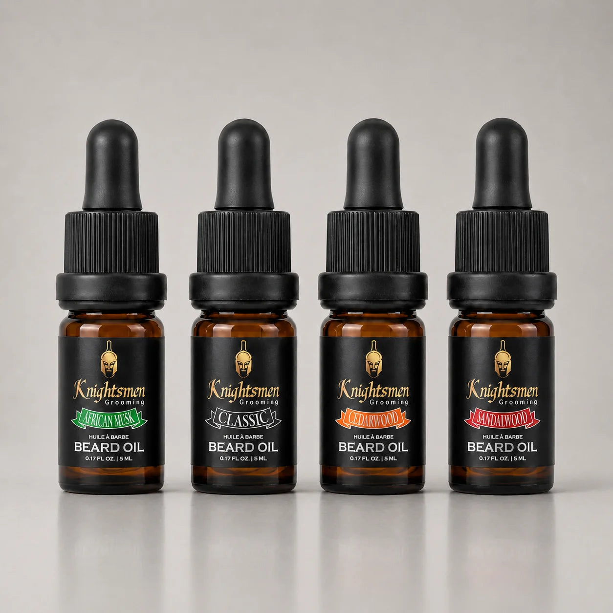 Knightsmen Grooming Organic Beard Oil Bundle 4-Pack 5ml – All Four Scents Side View, Organic Beard Growth Oil Gift Set for Men